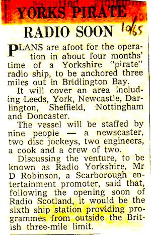 Yorks Pirate soon newspaper cutting 